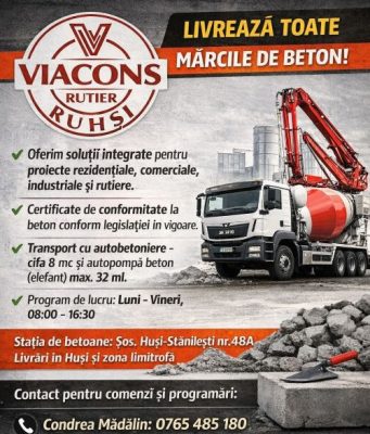 SC VIACONS RUTIER SRL Huși livrează toate mărcile de beton: beneficiare pot fi persoane juridice și persoane fizice.
