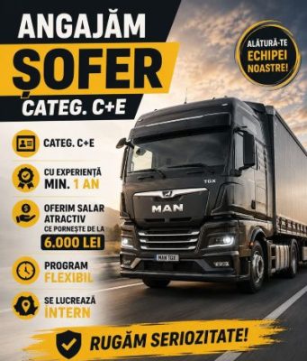 Oportunitate de angajare pentru șoferii profesioniști: o firmă din zona Roman caută conducători auto categoria C+E